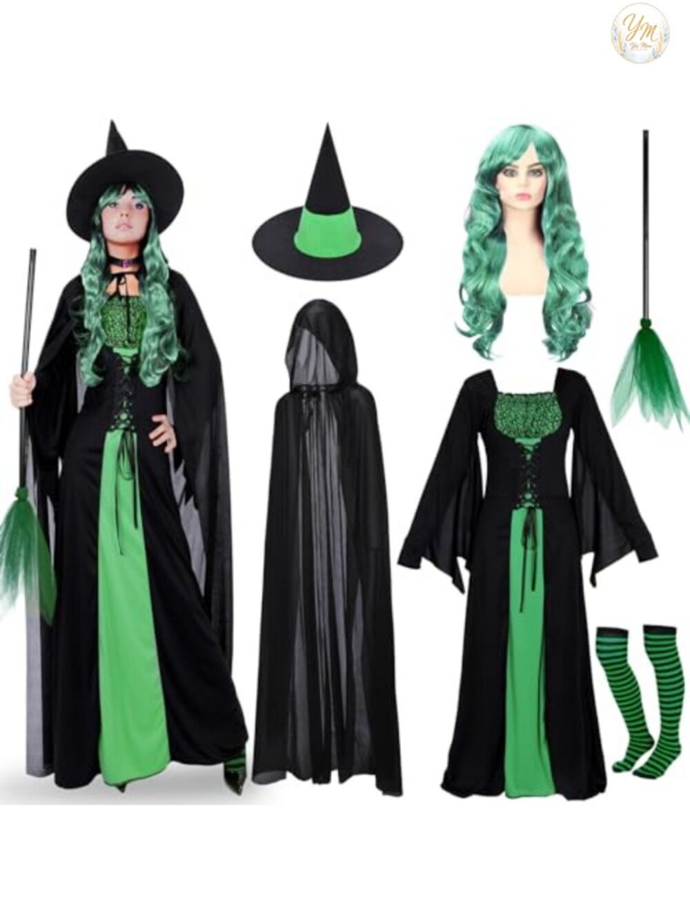 7 Piece Witch Costume Set: Dress, Hat, Hooded Cloak, Wig, Choker, Broom, Socks